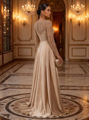 Mermaid Evening Dresses Sequin Crew Neck Long Sleeves Satin Dress Floor Lengh Formal Dresses Zipper Back