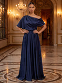 A Line Evening Dresses Off Shoulder Short Sleeves Satin Dress Floor Lengh Formal Dresses Zipper Back