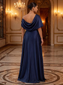 A Line Evening Dresses Off Shoulder Short Sleeves Satin Dress Floor Lengh Formal Dresses Zipper Back