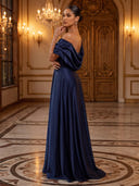 A Line Evening Dresses Off Shoulder Short Sleeves Satin Dress Floor Lengh Formal Dresses Zipper Back