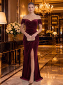 Mermaid Evening Dresses with Slit Off Shoulder Velvet Christmas Party Dresses Floor Lengh Formal Dresses Zipper Back