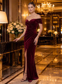 Mermaid Evening Dresses with Slit Off Shoulder Velvet Christmas Party Dresses Floor Lengh Formal Dresses Zipper Back