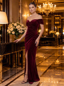 Mermaid Evening Dresses with Slit Off Shoulder Velvet Christmas Party Dresses Floor Lengh Formal Dresses Zipper Back