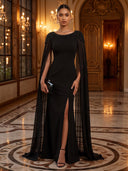 Mermaid Evening Dresses with Slit Crew Neck Choffon Black Dresses Floor Lengh Formal Dresses with Cape/Zipper Back