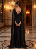 Mermaid Evening Dresses with Slit Crew Neck Choffon Black Dresses Floor Lengh Formal Dresses with Cape/Zipper Back