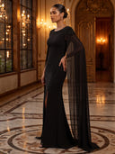 Mermaid Evening Dresses with Slit Crew Neck Choffon Black Dresses Floor Lengh Formal Dresses with Cape/Zipper Back