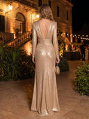 Sheath/Column Evening Dresses with Slit Metallic Satin V Neck Long Sleeves Floor Length Dresses with Pleats/Back Zipper