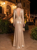 Sheath/Column Evening Dresses with Slit Metallic Satin V Neck Long Sleeves Floor Length Dresses with Pleats/Back Zipper