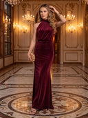Mermaid Evening Dresses Velvet Halter Sleeveless Burgundy New Year's Evn Party Dresses with Pleats/Back Zipper
