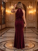 Mermaid Evening Dresses Velvet Halter Sleeveless Burgundy New Year's Evn Party Dresses with Pleats/Back Zipper