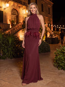 Mermaid Evening Dresses Chiffon Halter Sleeveless Burgundy Formal Dresses with Feather/Back Zipper
