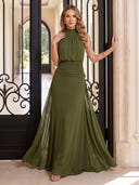 Mermaid Evening Dresses Olive Green Chiffon Halter Sleeveless Formal Party Dresses with Pleated/Back Zipper