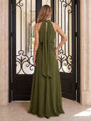 Mermaid Evening Dresses Olive Green Chiffon Halter Sleeveless Formal Party Dresses with Pleated/Back Zipper