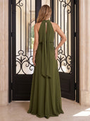 Mermaid Evening Dresses Olive Green Chiffon Halter Sleeveless Formal Party Dresses with Pleated/Back Zipper