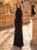 Mermaid Evening Dresses Chiffon Halter Sleeveless Black Formal Party Dresses with Pleated/Back Zipper