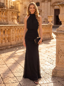 Mermaid Evening Dresses Chiffon Halter Sleeveless Black Formal Party Dresses with Pleated/Back Zipper