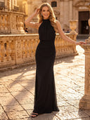Mermaid Evening Dresses Chiffon Halter Sleeveless Black Formal Party Dresses with Pleated/Back Zipper