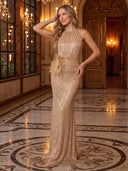 Mermaid Evening Dresses Sequin Halter Sleeveless Long Champagne Cocktail Party Dresses with Feather/Back Zipper