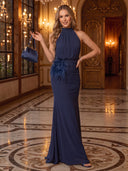 Mermaid Evening Dresses Chiffon Halter Sleeveless Navy Blue Formal Party Dresses with Feather/Back Zipper