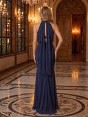Mermaid Evening Dresses Chiffon Halter Sleeveless Navy Blue Formal Party Dresses with Feather/Back Zipper