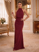 Mermaid Evening Dresses Chiffon Burgundy Halter Sleeveless Formal Party Dresses with Pleats/Back Zipper