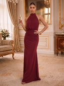 Mermaid Evening Dresses Chiffon Burgundy Halter Sleeveless Formal Party Dresses with Pleats/Back Zipper