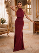 Mermaid Evening Dresses Chiffon Burgundy Halter Sleeveless Formal Party Dresses with Pleats/Back Zipper