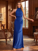 Mermaid Evening Dresses Chiffon Halter Sleeveless Long Formal Dresses with Pleats/Back Zipper