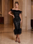 Mermaid Evening Dresses Sequin Off Shoulder Black Tea Length Sleeveless Sparkly Party Dress with Feather/Back Zipper