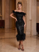 Mermaid Evening Dresses Sequin Off Shoulder Black Tea Length Sleeveless Sparkly Party Dress with Feather/Back Zipper