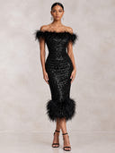 Mermaid Evening Dresses Sequin Off Shoulder Black Tea Length Sleeveless Sparkly Party Dress with Feather/Back Zipper