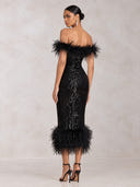 Mermaid Evening Dresses Sequin Off Shoulder Black Tea Length Sleeveless Sparkly Party Dress with Feather/Back Zipper