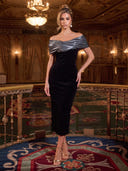 Mermaid Evening Dresses Velvet Off Shoulder Black Tea Length Sleeveless Party Dress with Plets/Back Zipper