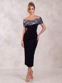Mermaid Evening Dresses Velvet Off Shoulder Black Tea Length Sleeveless Party Dress with Plets/Back Zipper