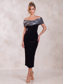 Mermaid Evening Dresses Velvet Off Shoulder Black Tea Length Sleeveless Party Dress with Plets/Back Zipper