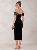 Mermaid Evening Dresses Velvet Off Shoulder Black Tea Length Sleeveless Party Dress with Plets/Back Zipper