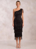 Mermaid Evening Dresses Sequin One Shoulder Black Tea Length Sleeveless Cocktail Party Dress with Tassel/Back Zipper
