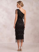 Mermaid Evening Dresses Sequin One Shoulder Black Tea Length Sleeveless Cocktail Party Dress with Tassel/Back Zipper
