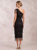 Mermaid Evening Dresses Sequin One Shoulder Black Tea Length Sleeveless Cocktail Party Dress with Tassel/Back Zipper