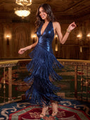 Mermaid Evening Dresses Metallic Satin Halter Tea Length Sleeveless Cocktail Party Dress with Tassel/Back Zipper