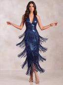 Mermaid Evening Dresses Metallic Satin Halter Tea Length Sleeveless Cocktail Party Dress with Tassel/Back Zipper