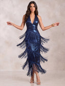 Mermaid Evening Dresses Metallic Satin Halter Tea Length Sleeveless Cocktail Party Dress with Tassel/Back Zipper