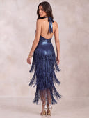 Mermaid Evening Dresses Metallic Satin Halter Tea Length Sleeveless Cocktail Party Dress with Tassel/Back Zipper