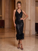 Mermaid Evening Dresses Sequin Halter Tea Length Sleeveless Cocktail Party Dress with Fether/Back Zipper