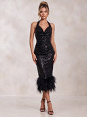 Mermaid Evening Dresses Sequin Halter Tea Length Sleeveless Cocktail Party Dress with Fether/Back Zipper