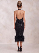 Mermaid Evening Dresses Sequin Halter Tea Length Sleeveless Cocktail Party Dress with Fether/Back Zipper