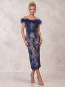 Mermaid Evening Dresses Off Shoulder Tea Length Sleeveless Cocktail Party Dress with Fether/Back Zipper