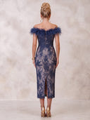 Mermaid Evening Dresses Off Shoulder Tea Length Sleeveless Cocktail Party Dress with Fether/Back Zipper