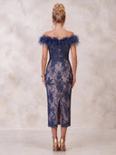 Mermaid Evening Dresses Off Shoulder Tea Length Sleeveless Cocktail Party Dress with Fether/Back Zipper