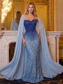 Mermaid Evening Dresses Sequin Strapless Floor Length Formal Party Dress with Cape/Back Zipper